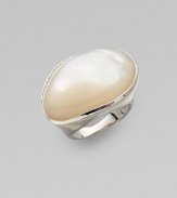 A shimmering mother of pearl cabochon, edged in diamonds, on sterling silver.Diamonds, .11 tcw Mother of pearl cabochon Sterling silver Width, about 1¼ Imported