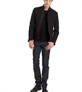 THE LOOKTailored in a scuba-like techno fabricationLamb leather stand collarConcealed front zipperTwo-button frontRaw edge detailing at collar, placket