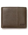 Soft, rich pebbled leather is treated with a matte finish for masculine appeal and classic polish on this everyday essential bi-fold wallet.