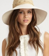 A mixed-media style with crocheted raffia in a cabled design and a canvas brim; the perfect packable hat. RaffiaCottonBrim, about 3Elastic inner bandSpot cleanImported 