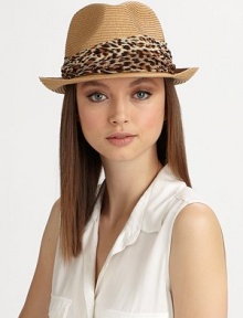 Casual and chic, in lightweight straw adorned with a pleated leopard-print chiffon band.Pleated chiffon bandBrim, about 2Paper braidSpot cleanImported Casual and chic, in lightweight straw adorned with a pleated leopard-print chiffon band.Pleated chiffon bandBrim, about 2Paper braidSpot cleanImported