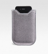 A sleek and compact case is handcrafted specifically for the iPhone in metallic leather. Soft, protective chamois lining securely holds the unit in place. Accommodates iPhone 3 and 4 models Also fits newer Blackberry models Padded sides with a form-fitted construction Handcrafted in leather 3½W X 5H Made in USA 
