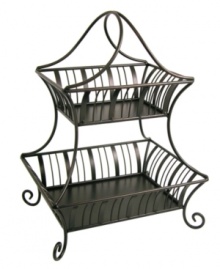 Mesa's 2-tiered Delaware basket features an elegant design perfect for everyday use or entertaining guests. Finished in brushed copper. Mesa's 2-tiered Delaware basket features an elegant design perfect for everyday use or entertaining guests. Finished in brushed copper.