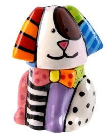 Sit. Stay. Shake. More than salt and pepper shakers, this dog-shaped pair perks up your table with the vivid colors and bold patterns of Brazilian pop artist Romero Britto. Head and body serve as two separate shakers. Sit. Stay. Shake. More than salt and pepper shakers, this dog-shaped pair perks up your table with the vivid colors and bold patterns of Brazilian pop artist Romero Britto. Head and body serve as two separate shakers.