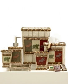 The great outdoors. Taking inspiration from classic lodge motifs, the Eldorado toothbrush holder gives your space a rustic atmosphere with striking bears, moose and deer all in a rich, woodsy color scheme. The great outdoors. Taking inspiration from classic lodge motifs, the Eldorado toothbrush holder gives your space a rustic atmosphere with striking bears, moose and deer all in a rich, woodsy color scheme.