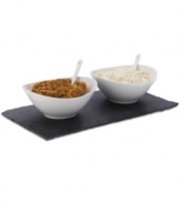 A beautiful couple. Glossy white porcelain is paired with rustic slate in this striking serveware set from Maxwell & Williams. Two shapely bowls with spoons encourage variety on your menu.