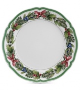 Dress up French Garden dinnerware for the holidays with the festively adorned French Garden Noel dinner plate from Villeroy & Boch. A scalloped edge and seasonal garland complete a beautiful Christmastime table.