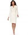 A notched V-neckline and belted waist give this Tahari by ASL skirt suit a modern, streamlined feel, while a dash of ruffle at the front placket lends feminine allure.