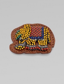 An exotic design with colorful stones and metallic accents on a supple leather back. LeatherGlass stonesBrassCopper and silk accentsSize, about 2½Pin backMade in Italy An exotic design with colorful stones and metallic accents on a supple leather back. LeatherGlass stonesBrassCopper and silk accentsSize, about 2½Pin backMade in Italy