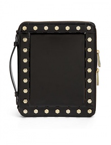 THE LOOKPatent leather with goldtone screw head accentsZip-around closureTop handleFive inside card slotsFour elastic tabs holds the iPad in placeInside elastic carrying strapTHE MEASUREMENTTop handle, 18½W X 10H X ¼DTHE MATERIALPatent leatherFully linedORIGINImportedPlease note: iPad® not included. THE LOOKPatent leather with goldtone screw head accentsZip-around closureTop handleFive inside card slotsFour elastic tabs holds the iPad in placeInside elastic carrying strapTHE MEASUREMENTTop handle, 18½W X 10H X ¼DTHE MATERIALPatent leatherFully linedORIGINImportedPlease note: iPad® not included.