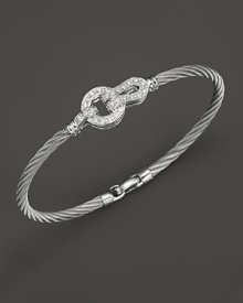 18 karat white gold and steel cable bangle with diamond pavé. Designed by Charriol.