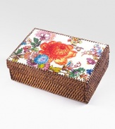 A perfect place to keep special letters, photos or other personal treasures, handcrafted of responsibly harvested bamboo with an exuberant floral design. Hinged lid Floral design on enameled steel Bamboo rattan Brass hardware 3½H X 7W X 10L Imported 