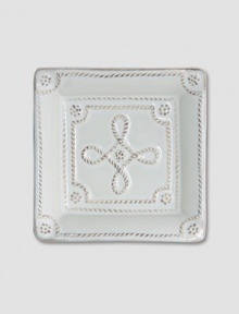 Bring the outdoors inside with a smaller, hand-finished stoneware tray beautifully detailed with a scrolling design that celebrates the splendor and romance of the world's most beautiful gardens. Chip resistant 4½ square Dishwasher safe Imported Bring the outdoors inside with a smaller, hand-finished stoneware tray beautifully detailed with a scrolling design that celebrates the splendor and romance of the world's most beautiful gardens. Chip resistant 4½ square Dishwasher safe Imported