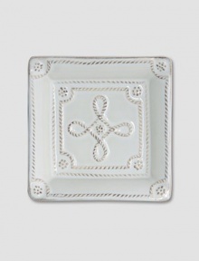 Bring the outdoors inside with a smaller, hand-finished stoneware tray beautifully detailed with a scrolling design that celebrates the splendor and romance of the world's most beautiful gardens. Chip resistant 4½ square Dishwasher safe Imported