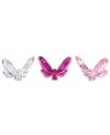 Faceted crystal butterflies in three shades of pink work as a trio or individually to freshen up a room. Beautiful in a window sill or bookcase.