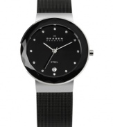 A faceted glass bezel catches attention on this mesh watch from Skagen Denmark.