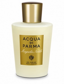 Indulge yourself with this luxurious and rich foaming bath and shower cleansing gel from Acqua di Parma's Magnolia Nobile collection. Relax and step into the world of the noblest palazzo gardens in Italy, highlighting the delicate and sensual Magnolia flower. Used in the shower or as a moment of relaxation in the bath, the formula is enriched with silk proteins and vitamin B5, creating a wonderful pampering experience while also protecting the skin. 6.7 oz. Indulge yourself with this luxurious and rich foaming bath and shower cleansing gel from Acqua di Parma's Magnolia Nobile collection. Relax and step into the world of the noblest palazzo gardens in Italy, highlighting the delicate and sensual Magnolia flower. Used in the shower or as a moment of relaxation in the bath, the formula is enriched with silk proteins and vitamin B5, creating a wonderful pampering experience while also protecting the skin. 6.7 oz.