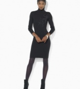 Lauren Ralph Lauren's soft merino wool petite dress is detailed with a glistening embroidered dragon and luxe faceted buttons at the neckline for exotic appeal.