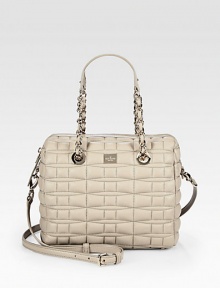 A supple leather style with a pretty quilted design.Double chain and leather top handles, 7 dropDetachable shoulder strap, 21 dropTop zip closureProtective metal feetOne inside zip pocketTwo inside open pocketsCotton lining9½W X 8½H X 5DImported A supple leather style with a pretty quilted design.Double chain and leather top handles, 7 dropDetachable shoulder strap, 21 dropTop zip closureProtective metal feetOne inside zip pocketTwo inside open pocketsCotton lining9½W X 8½H X 5DImported