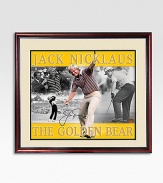 Jack Nicklaus is on the short list of the greatest golfers to ever play the game. The Golden Bear won 18 major championships during his illustrious career, winning the Masters six times, U.S. Open four times, the British Open three times and the PGA Championship five times. Nicklaus officially retired in 2005 but remains a beloved ambassador of the game. This handsome collage is hand-signed by Nicklaus and arrives in a wood frame.