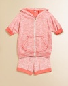 She'll be cozy and cool in this hooded topper with contrasting trim and a convenient kangaroo pocket.Attached hoodThree-quarter length sleevesFull-zip frontKangaroo pockets37% rayon/47% polyester/16% cottonMachine washImported