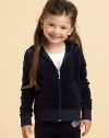 A little bling goes a long way on this velvety hoodie with a rhinestone Juicy Couture logo on the back.Attached hoodZip front closureLong sleeves with cuffsSplit kangaroo pocketsLogo detail on back39% polyamide/33% wool/14% modal/12% viscose/2% alpacaMachine washMade in USA