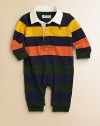 Bold-hued stripes accent a playful rugby-inspired coverall, complete with signature pony embroidery.Rugby collarLong sleevesFront buttonsBottom snapsCottonMachine washImported Please note: Number of buttons/snaps may vary depending on size ordered. 