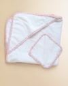 The perfect set for baby's first bath, in snuggly cotton terry edged in floral vine trim.Includes towel and washclothMachine washCottonImported