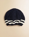 A slouchy beret exudes preppy chic in a blend of variegated cable stitches and varsity stripes for a charming look.Ribbed brimCottonMachine washImported