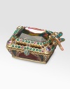 An elegant spot for tiny trinkets, handcrafted of rich enamel with a colorful hinged lid of faceted Swarovski crystals and a hovering dragonfly on the edge. Brass-plated pewter with handcrafted enamel and crystal 2W X ¾H X 1½D Made in USA