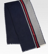 Midnight blue and red in wool/silk with fringe.55% wool/45% silk20W x 79HDry cleanMade in Italy