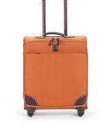 THE LOOKFour-wheel spinner trolleyLeather top handleRetractable locking handleRemovable luggage tagOne outside zip compartmentZip-around closureOne inside mesh compartmentInterior cross straps for organized packingTHE MEASUREMENTTop handle, 1 dropLocking handle, 23 drop16W X 20H X 8DTHE MATERIALPVCLeather trimFully linedORIGINImported