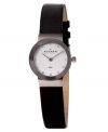 An exquisite picture of elegance. This Skagen Denmark watch features a black leather strap and round stainless steel case. Silvertone dial with Swarovski crystal markers and logo. Quartz movement. Limited lifetime warranty.