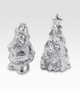Get into the spirit of the season with these charming salt-and-pepper shakers, handcrafted from recycled aluminum in the shapes of Santa and a Christmas tree. Includes one salt and one pepper shakerRecycled aluminumEach: 4½H X 2½ diam.Hand washImported