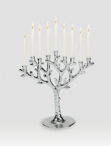 Warm any room or holiday table with the meaningful imagery of renewal, hope, sustenance and love, beautifully depicted in a nickel-plated menorah created by one of American's premier metalwork artists. From the Tree of Life Collection11¾ highImported