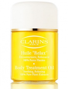 Relax Body Treatment Oil. This aromatic body treatment is ideal for enhancing relaxation and promoting total well-being. Its concentrated formula contains 100% natural extracts and oils to help combat stress and fatigue and relieve tension. Moisturizes skin, leaving it soft and smooth. Imported from France. 3.4 oz. Relax Body Treatment Oil. This aromatic body treatment is ideal for enhancing relaxation and promoting total well-being. Its concentrated formula contains 100% natural extracts and oils to help combat stress and fatigue and relieve tension. Moisturizes skin, leaving it soft and smooth. Imported from France. 3.4 oz.