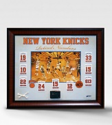This gorgeous retired-numbers collage is a must have for any New York Knicks fan. This handsomely framed collage features a rare photograph of every Knick legend, a replica of their retired-number banner and a piece of authentic game-used cort and net. A must-have for any Knicks fan.Includes piece of game-used court, net and certificate of authenticity 35W X 30H Made in USA 