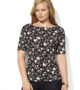 A chic boat neckline and beautiful floral print infuse Lauren Ralph Lauren's plus size classic cotton jersey tee with an elegant vintage aesthetic.