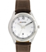 You can never go wrong with a classic. Watch by Unlisted crafted of brown croc-embossed leather strap and round silver tone mixed metal case. Silver tone dial features applied Roman numerals, minute track, date window at six o'clock, three hands and logo. Quartz movement. Splash resistant. Two-year limited warranty.