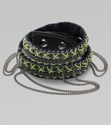 An edgy, street-smart design with oxidized links brightly stitched onto a double-wrap leather cuff with draped chains and a bold stud closure.LeatherGoldtoneCotton backingLength, about 16½Width, about 3Stud snap closureImported