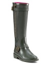 Rubber Juicy Couture rainboots feature modern exposed zippers and a pair of posh buckles.