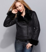 Faux fur at the neckline and cuffs, along with an off-center zipper closure, add on-trend edge to this petite Calvin Klein jacket. (Clearance)