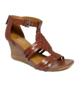 Pump up your casual look with the uniquely slim wedge heel of the Warm Cedar sandals by Kenneth Cole Reaction. The woven leather straps are reminiscent of classic huarache sandals.