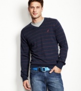 A striped sweater from Nautica cut in a v-neck is a sleek seasonal layering item.