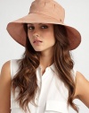 Wide brim cotton organdy with pleated crown and split back brim is perfect for travel or a day at the beach.Adjustable drawstring ties One size fits most Brim, about 4 wide Cotton; dry clean Imported 