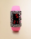 This delightful concept offers a smart, solid color digital watch paired with a splashy bezel cover that snaps on to change the look in an instant.Interchangeable cheetah coverBold pushbutton LED display with time, date and minutesLightweightWater-resistantSilicone strapPlastic case and coverSmall size: Children under 12Medium size: Children 12 and upImported