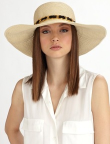 This glamorous straw design is accented by a goldtone chain laced with black chiffon.Chiffon and chain bandBrim, about 5Paper braidSpot cleanImported This glamorous straw design is accented by a goldtone chain laced with black chiffon.Chiffon and chain bandBrim, about 5Paper braidSpot cleanImported