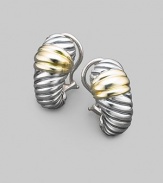From the Thoroughbred Collection. A textured shrimp shape gleams with the richness of sterling silver and 14k gold. Sterling silver and 14k yellow gold Length, about 1 Post-and-hinge back Imported