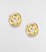 From the Infinity collection. Sparkling diamonds are encased in intertwining bands, one smooth, one cabled, of 18k yellow gold.Diamonds, 0.14 tcw 18k yellow gold Diameter, about ¼ Post back Imported