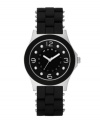 Wear it sporty or wear it stylishly: the Pelly watch by Marc by Marc Jacobs. Black silicone-wrapped stainless steel bracelet and round stainless steel case. Bezel with black silicone ring. Black dial features applied silvertone numerals at twelve, three, six and nine o'clock, dot markers, three silvertone hands and logo ring at inner dial. Quartz movement. Water resistant to 30 meters. Two-year limited warranty.